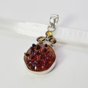 Unique Blown Glass Sterling Silver Plated Pendant 2" Gemstone Jewelry